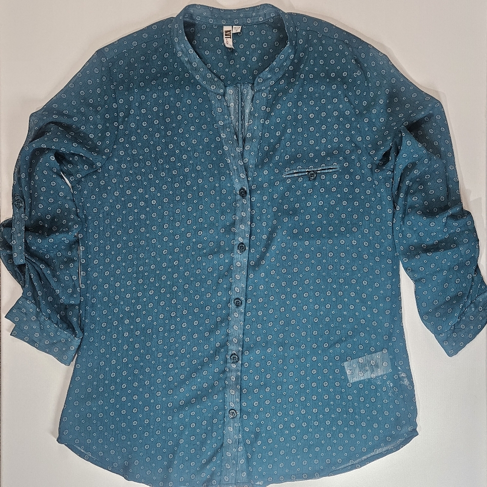 Kut From The Kloth Top Womens Medium Green White Flower Print Button Down‎ Sheer